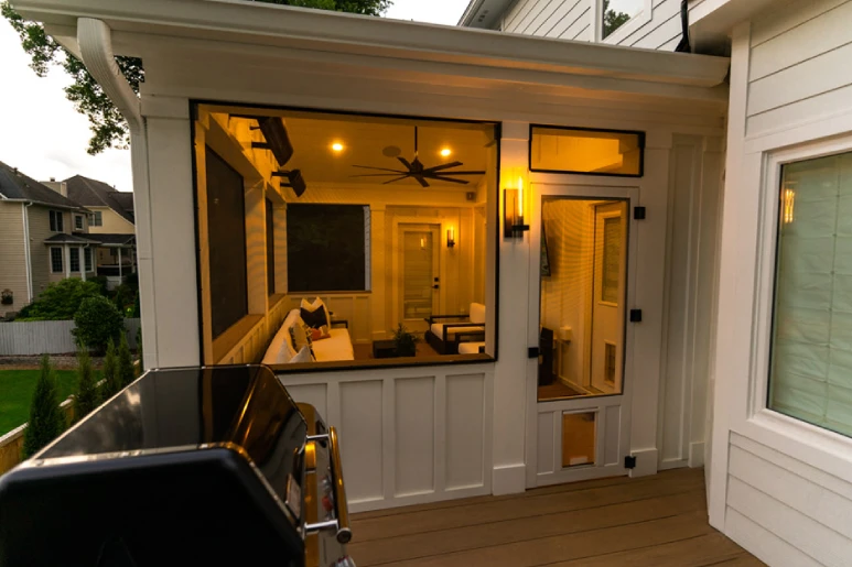 screen-in-porch design with lighting